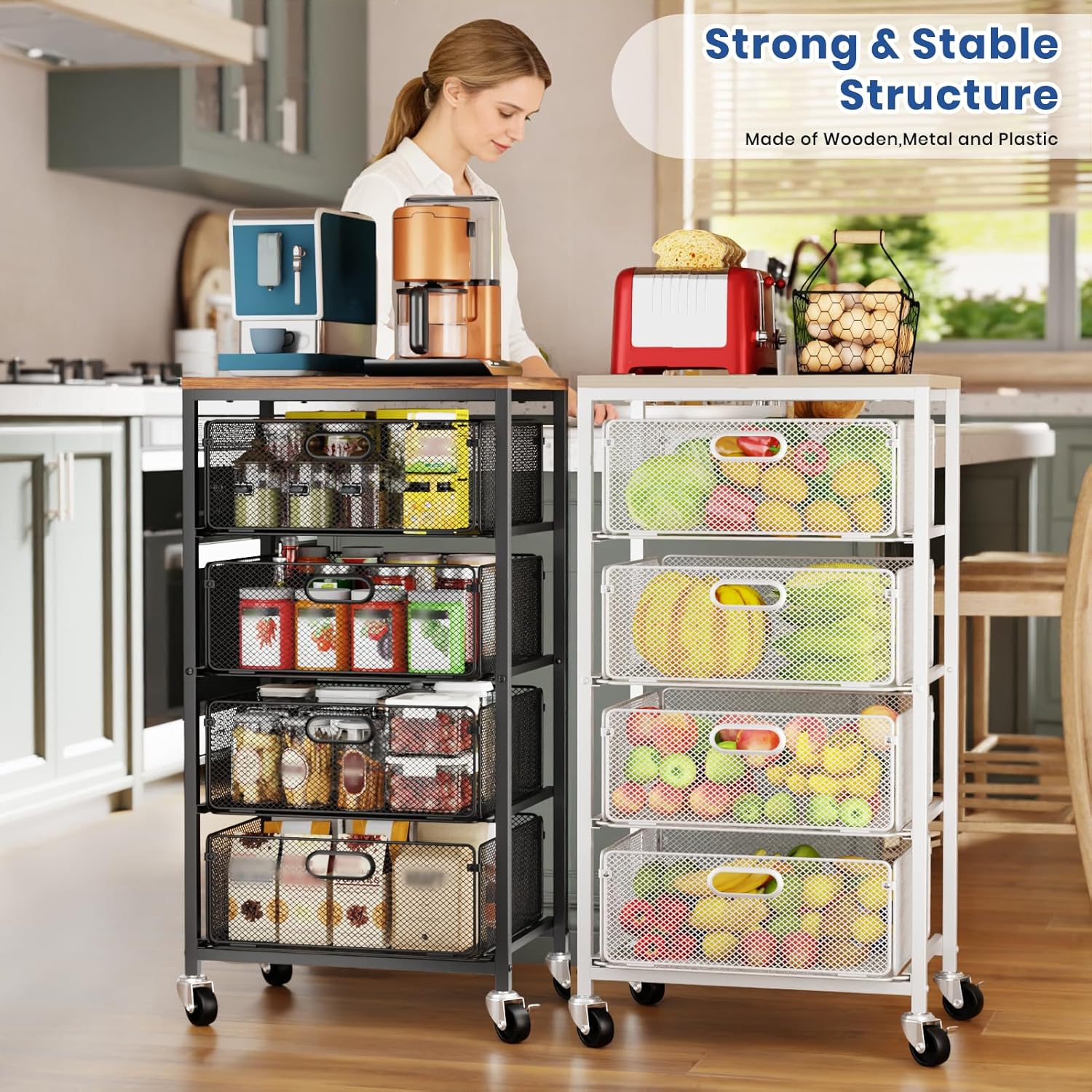 Goovilla Kitchen Cart with Drawers, 4 Tier Metal Rolling Utility Cart Organizer on Lockable Wheels with Wooden Top, Black Fruit Vegetable Storage Rack Also for Cans, Snack, Craft, Art, Office, Beauty