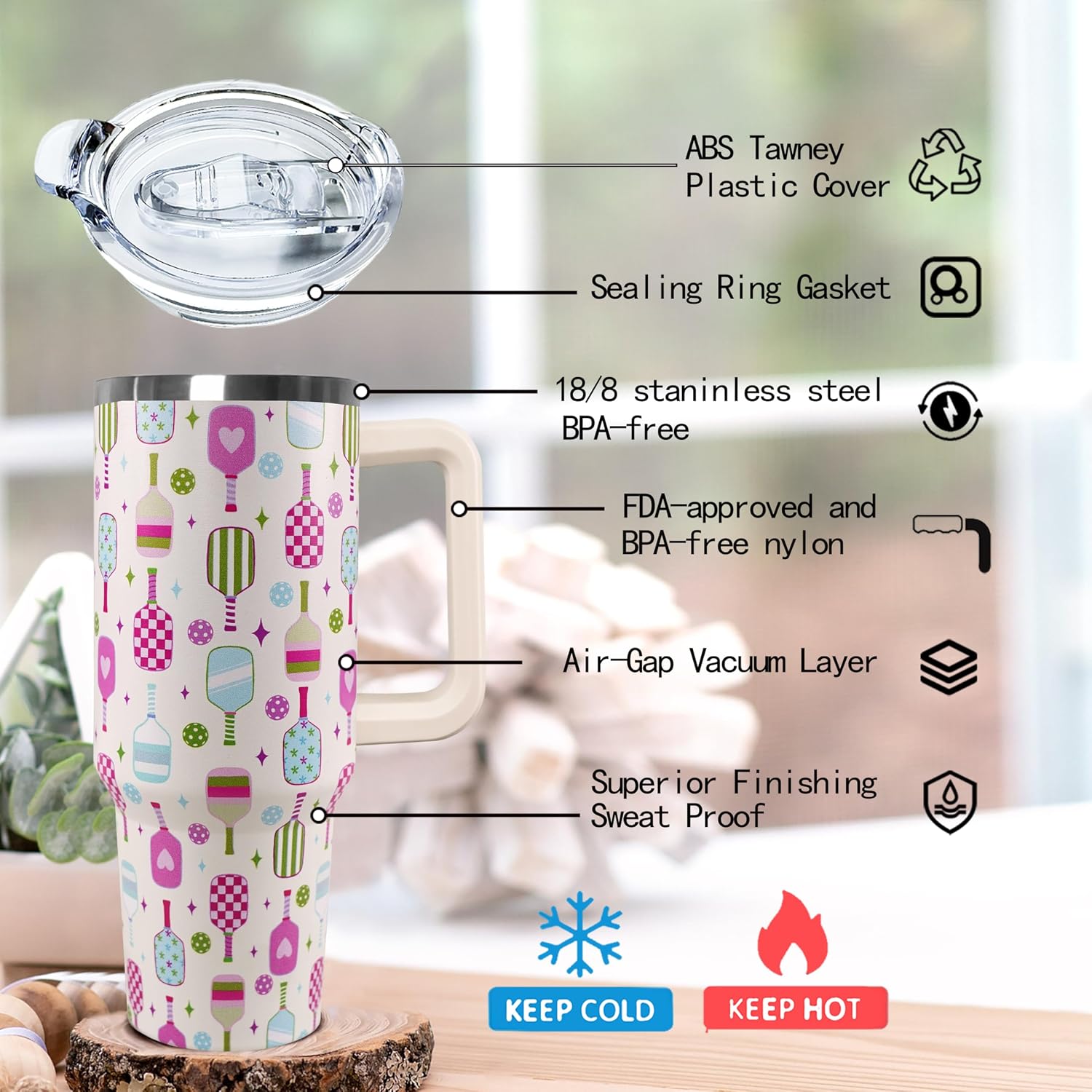 Ceovfoi 40 oz Pickleball Coffee Mug Vacuum Insulated Travel Tumbler with Handle, Lid & Straw - Perfect Pickleball Gifts for Players, Coaches, Lovers | Pickleball Accessories