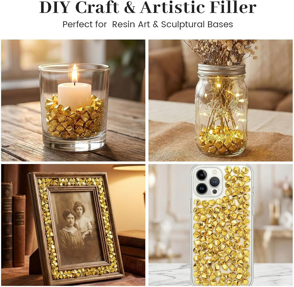DomeStar 520PCS Small Fake Gold Ice Rocks, Acrylic Ice Fake Plastic Gold Nuggets Gems Marbles for Vases Fillers Table Scatters Birthday Wedding Party Decoration(0.4 x 0.6 inch)