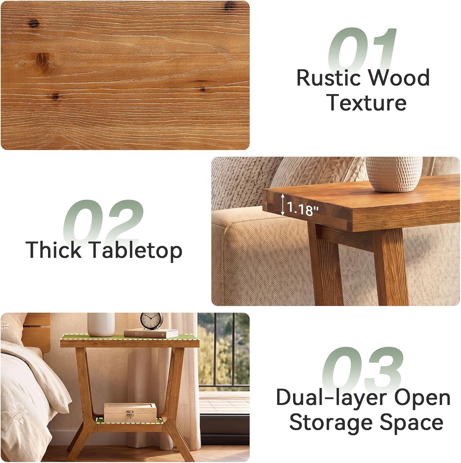 Solid Wood End Table, Small Wooden Side Table with 2-Tier Storage, Narrow Rustic Bedside Nightstand for Living Room, Bedroom, Small Places, Brown (2PCS)