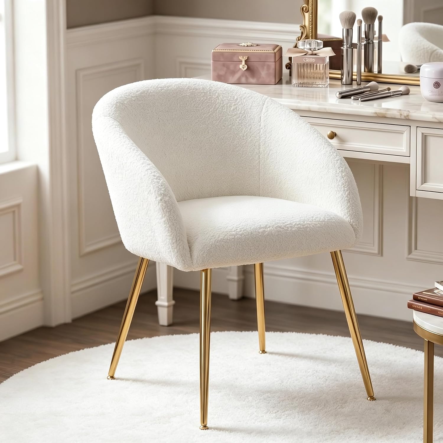 Modern Vanity Chair, Living Room Chair with Metal Legs,Teddy Fabric Dining Chair, Comfy Accent Chair for Makeup Room, Waiting Room, Dressing Room, Bedroom, Dining Room, Home Office (1, White)