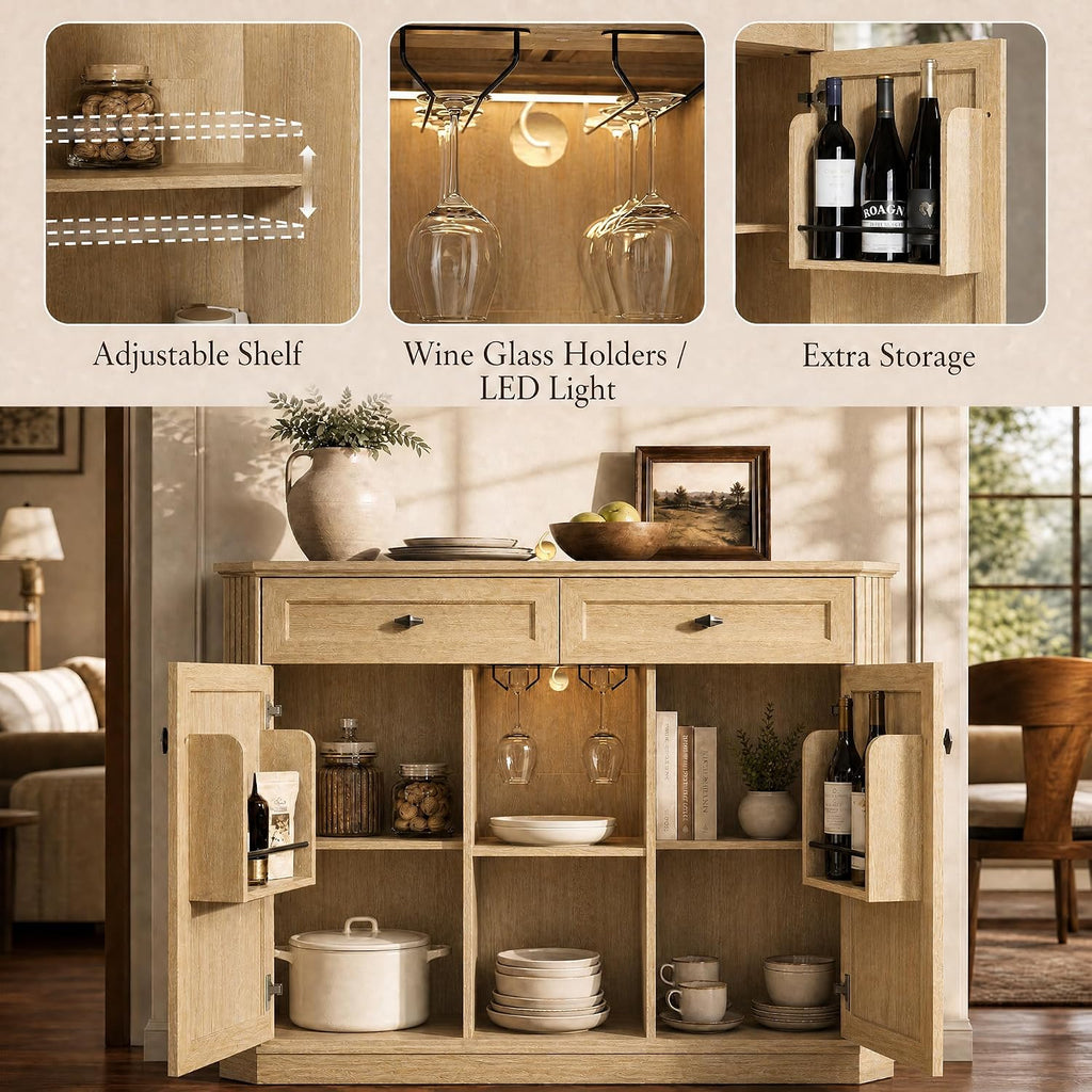 Natural Oak Coffee Bar with 2 Drawers & 2 Doors, LED Wine Bar Cabinet with Wine Glasses, Coffee Station with Built-in Outlets, Buffet Cabinet Sideboard with Extra Storage for Living Room Kitchen