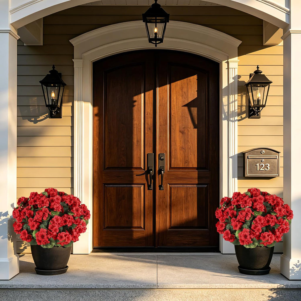 Artificial Flowers for Outdoors, 6 Bundles Realistic Faux Silk Red Geraniums Flowers UV Resistant No Fade Fake Plants for Outside Planter Christmas Front Porch Garden Patio Balcony Yard Decor