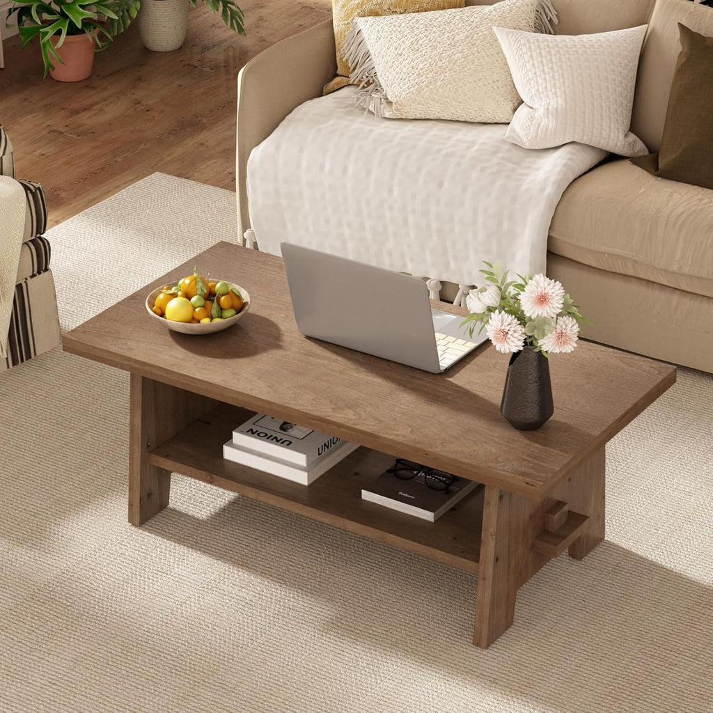 Farmhouse Wood Coffee Table - 43.4" Rectangle Coffee Table Solid Wood Tabletop, Center Tables with Storage Shelf for Living Room, Natural