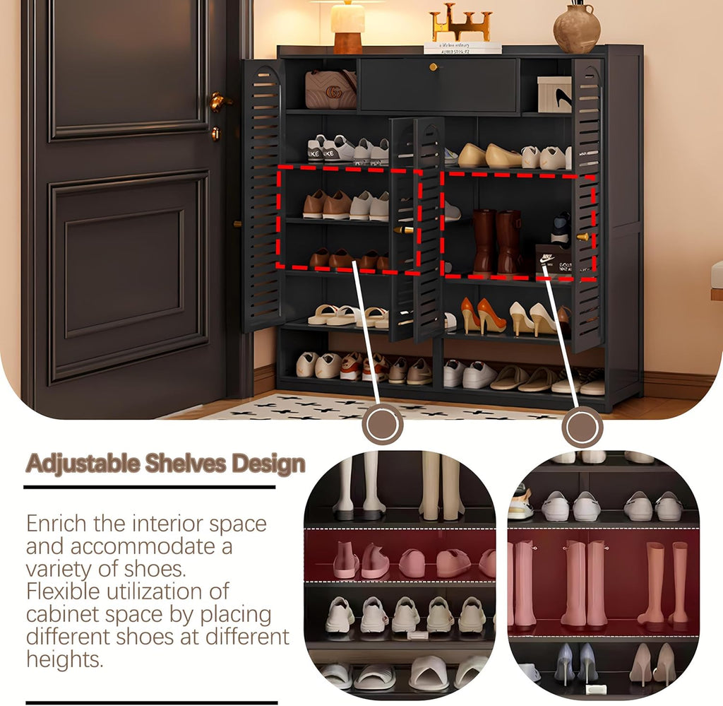 Shoe Cabinet with Louvered Doors, Freestanding Entryway Shoe Storage Cabinet with Drawer & Open Compartment, Modern Bamboo Shoe Rack Organizer with Thickened Adjustable Shelves for Closet