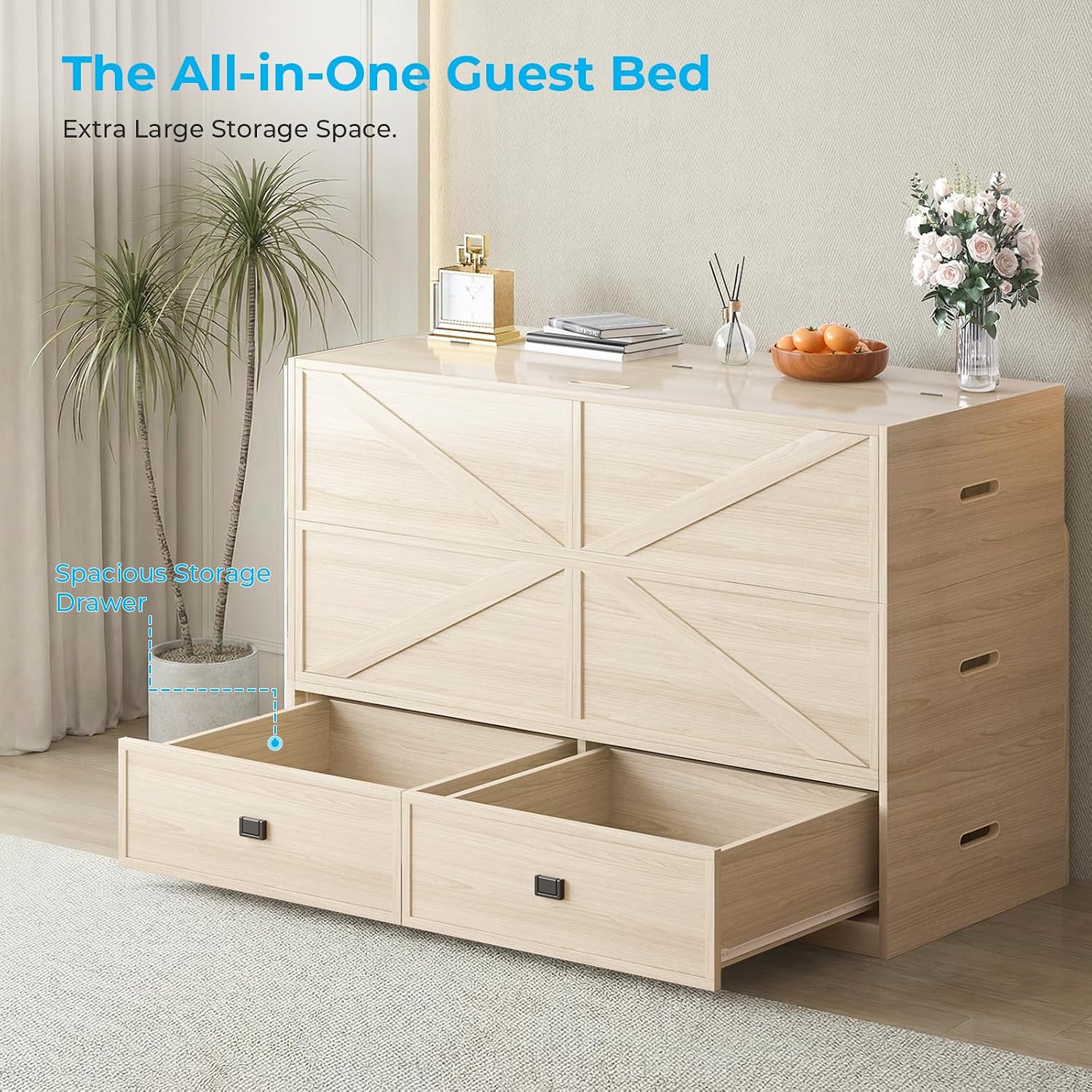Mjkone Murphy Bed, Cabinet Beds Queen Size with Mattress Included, 3-in-1 Convertible Sofa Furniture Sets, Hidden Chest Bed with Storage Drawers, Guest Sleeper Beds for Small Room, Apartment - Wood