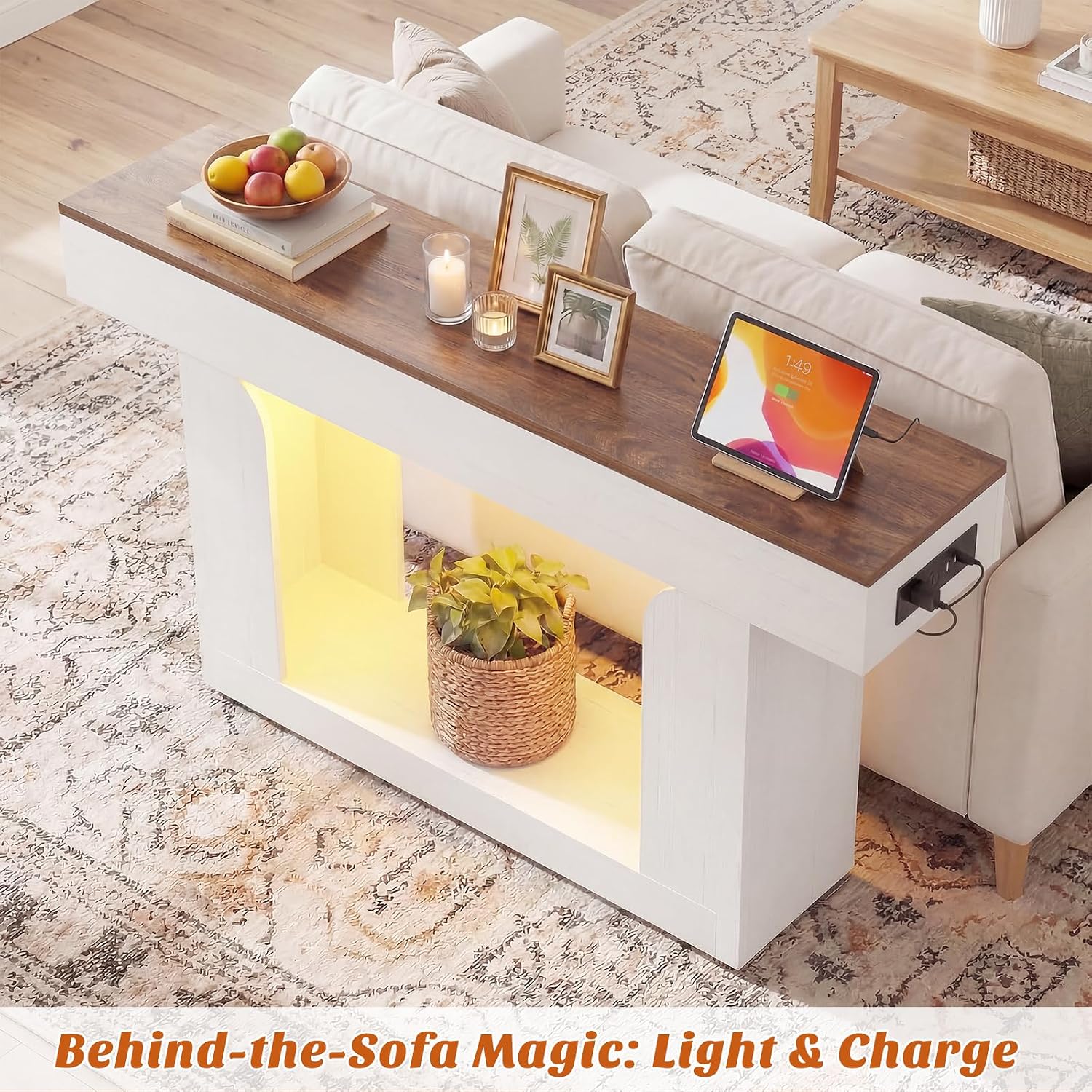 Homieasy Console Table, 47" Entryway Table with LED Lights & Charging Station, Farmhouse Wooden Sofa Table Behind Couch, Narrow Hallway Table for Living Room, Foyer, Entry, Antique White & Brown