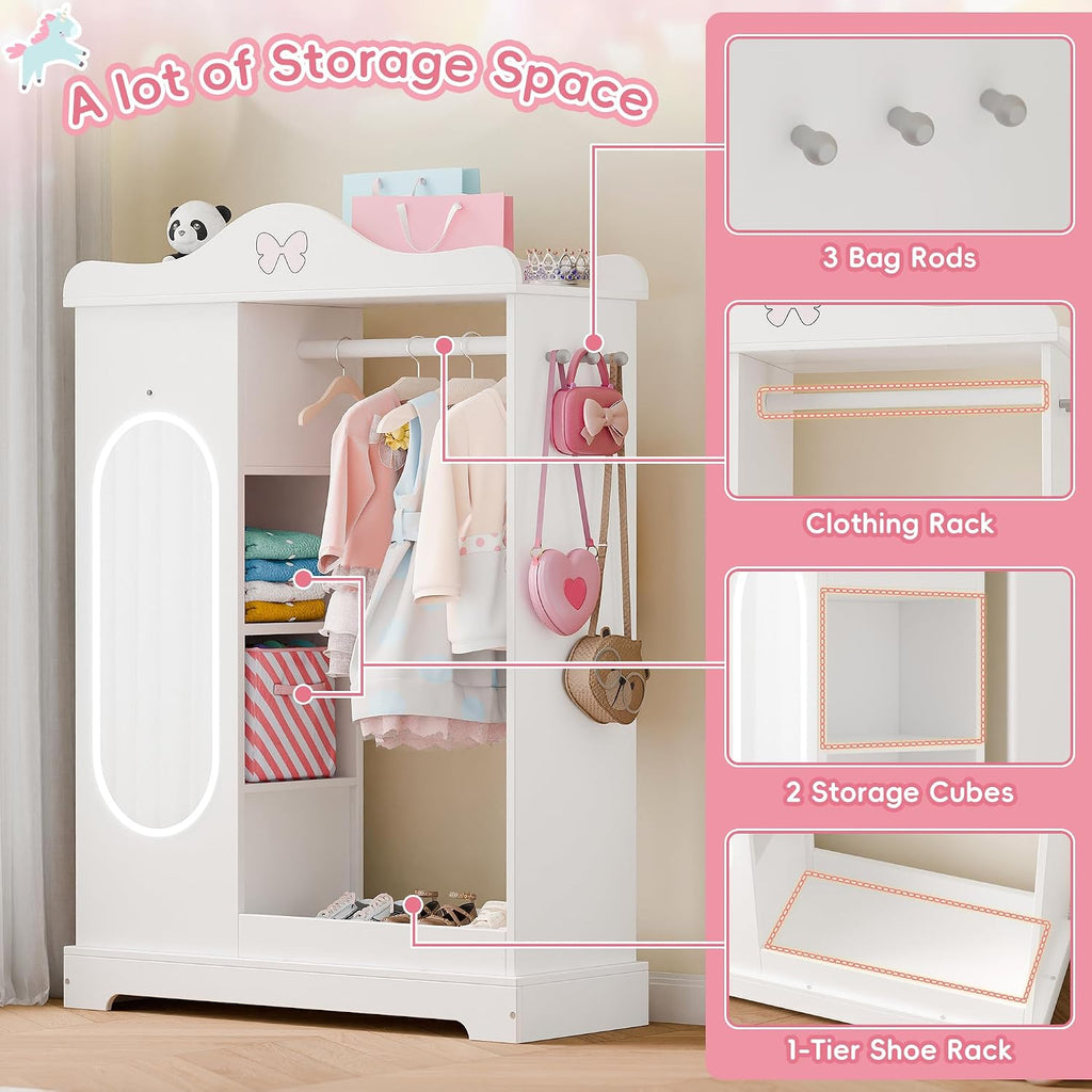 Xilingol Kids Armoire Dress Up Storage with Full-Length Mirror and Light, Kids Wardrobe Closet with Jewelry Cabinet and Storage Shelves, Open Hanging Armoire Costume Organizer for Bedroom (White)
