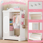 Xilingol Kids Armoire Dress Up Storage with Full-Length Mirror and Light, Kids Wardrobe Closet with Jewelry Cabinet and Storage Shelves, Open Hanging Armoire Costume Organizer for Bedroom (White)