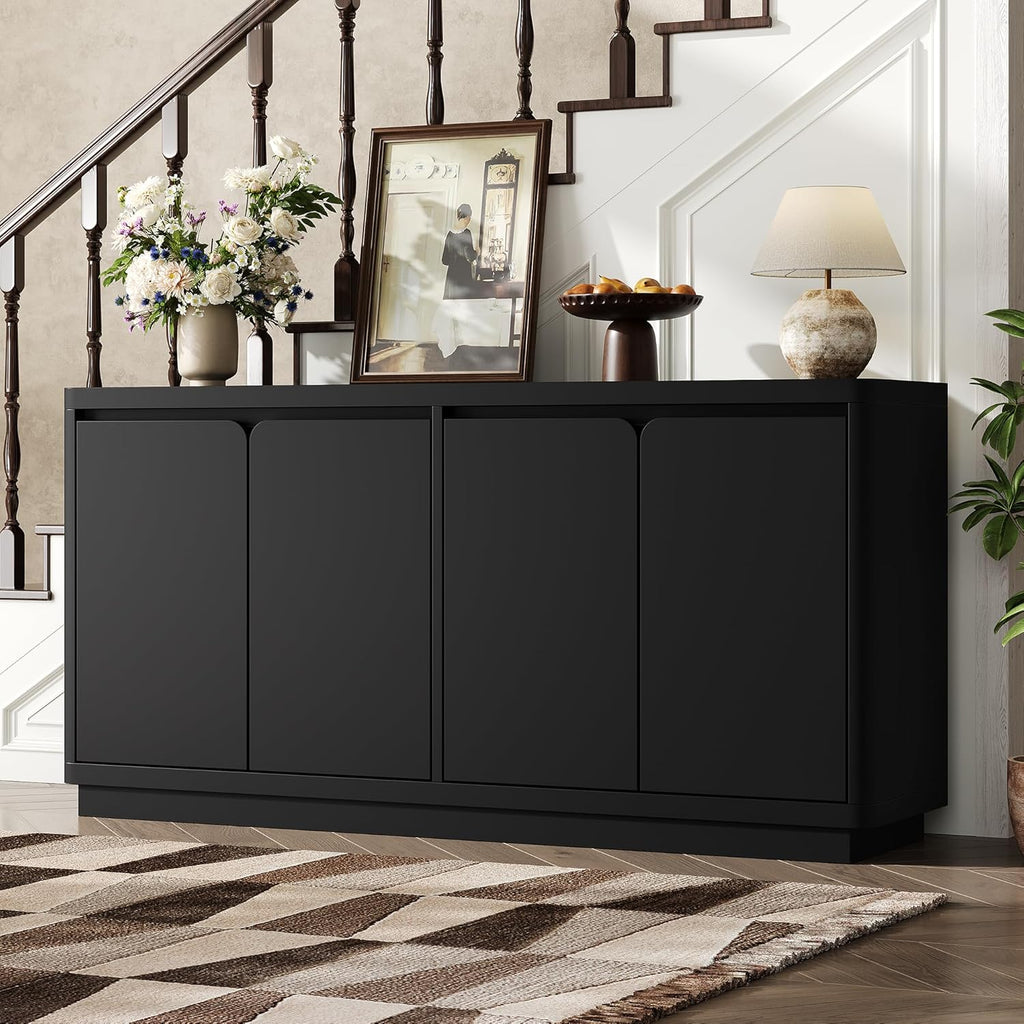knoworld 63" Buffet Cabinet with Storage & Power Outlet, Wood Sideboard Credenza with Double-Arc Doors, Modern Coffee Bar Console Table for Kitchen Dining Room, Black