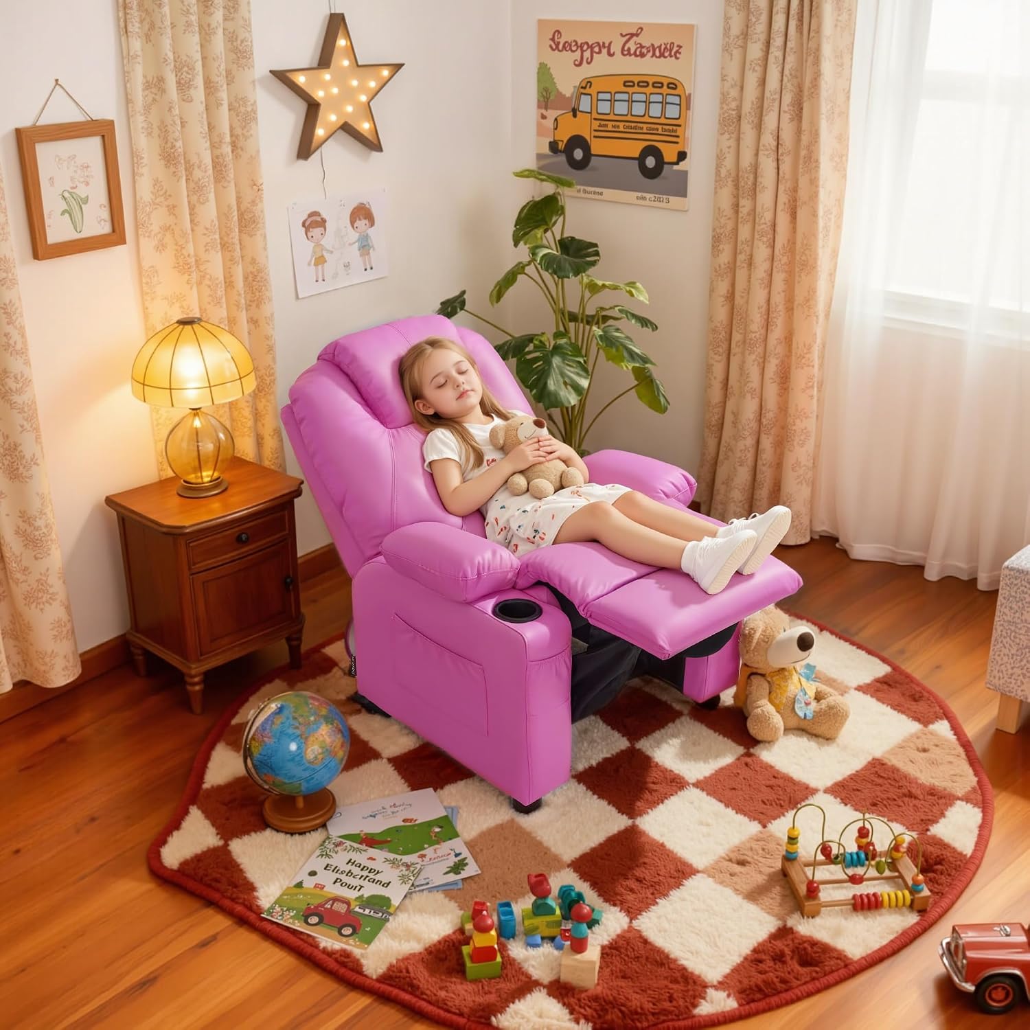 MCombo Big Kids Recliner for Ages 3+, Child Reclining Chair, Toddlers Recliner Sofa with Cup Holders (Faux Leather, Pink)