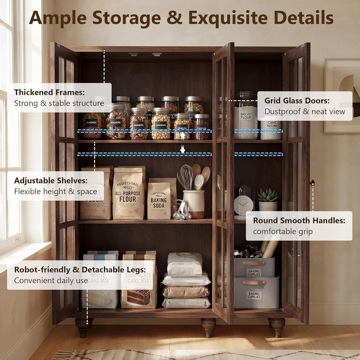 51“ Glass Display Cabinet, Curio Display Cabinet with 3 Glass Doors & Movable Shelves, China Cabinet Cedenza Storage Cabinet Bookcase Kitchen Pantry Cabinet for Collectibles (1, Cracked Oak, 51 Inch)