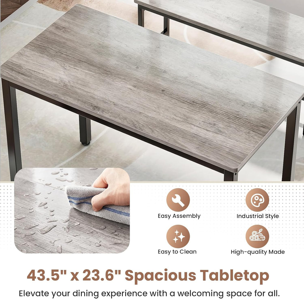Dining Table Set for 4, Kitchen Table with 2 Benchs, Modern Functional 3-Piece Dining Room Table for Apartment Breakfast Nook and Samll Space, Grey