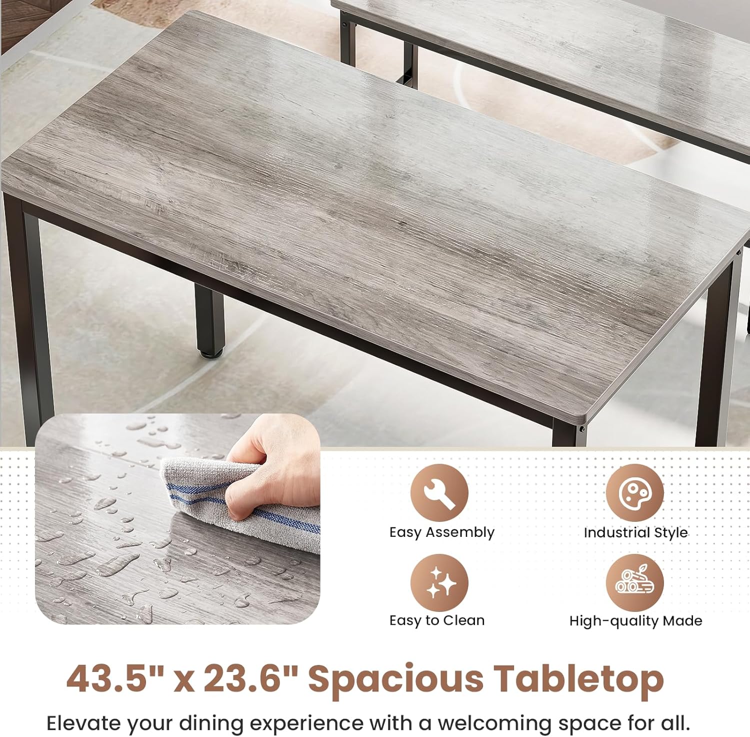Dining Table Set for 4, Kitchen Table with 2 Benchs, Modern Functional 3-Piece Dining Room Table for Apartment Breakfast Nook and Samll Space, Grey