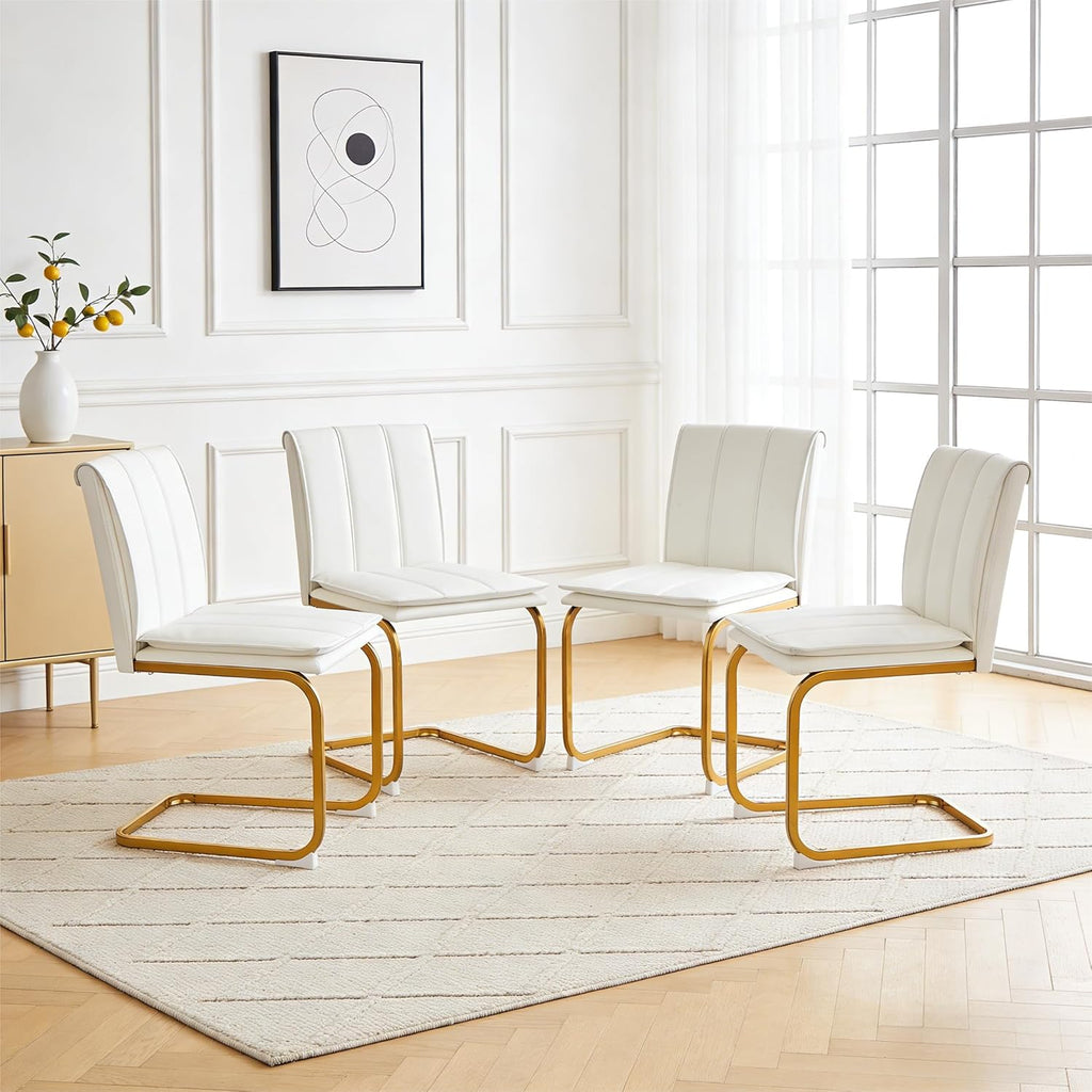 Meihua Dining Chairs Set of 4, PU Leather Modern Chairs with High Back and Metal Frame, Ergonomic Dining Room Chairs for Home, Office and Restaurant, White and Gold