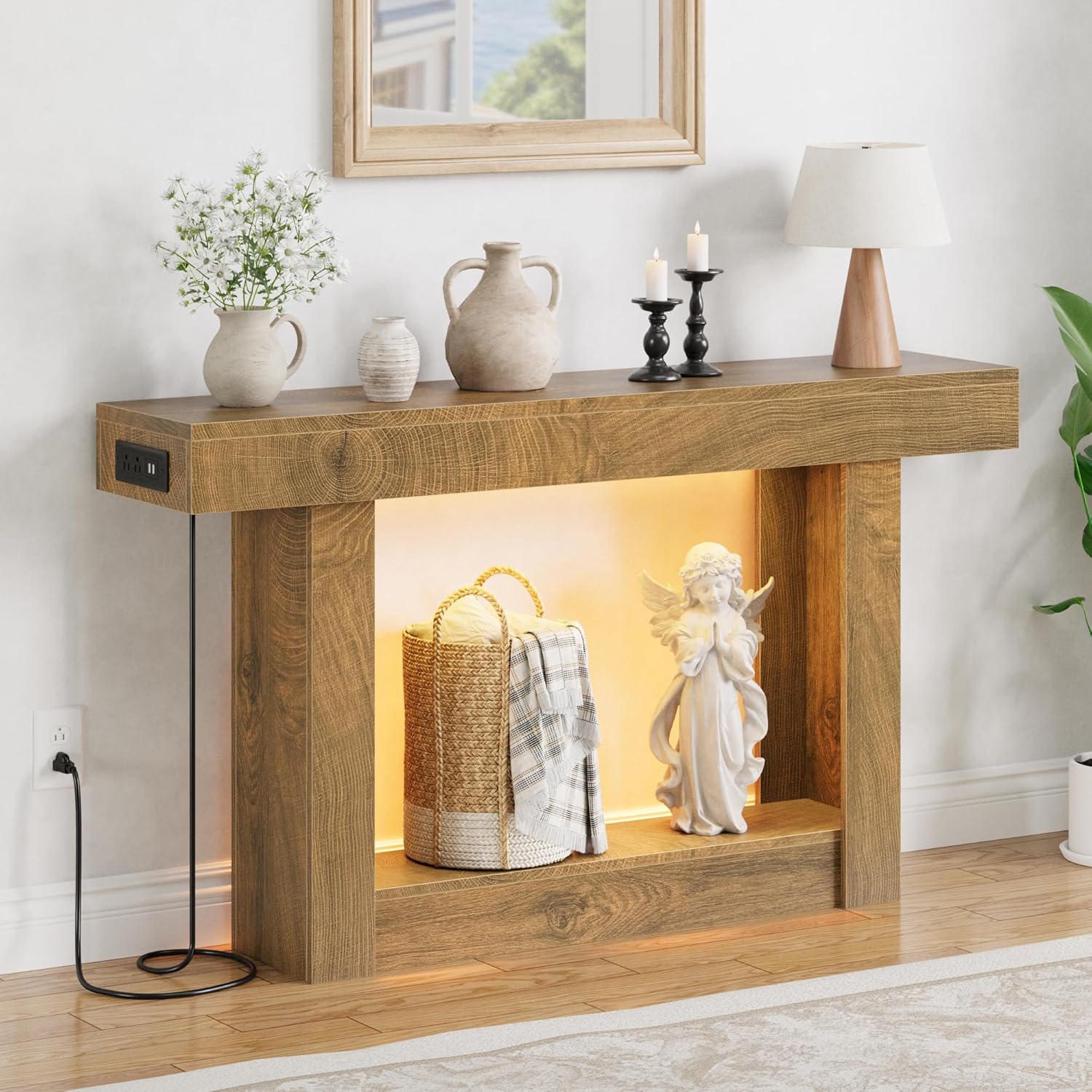LIFECHOVY 47.2" Entryway Table with Outlet, 2-Tier Narrow Console Table with Sensor Light, Behind the Couch Sofa for Hallway/Living Room/Entrance, Natural Oak