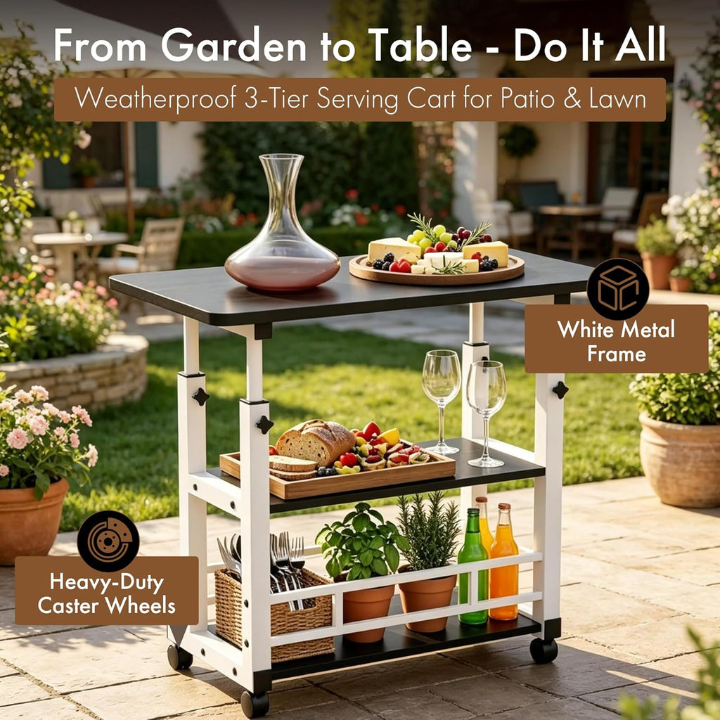 Adjustable Height Multi-Functional Garden Workbench, Heavy Duty Carbon Steel, 3-Tier Storage, 4 Lockable Casters, Mobile for Home, Office, Dorm & Garden