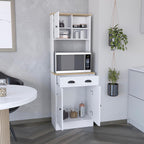 Kitchen Pantry 67" H, Two Cabinets, Three Doors, Two Open Shelves, One Drawer, Microwave Storage Option, White, Macadamia,23.62 * 13.78 * 66.54