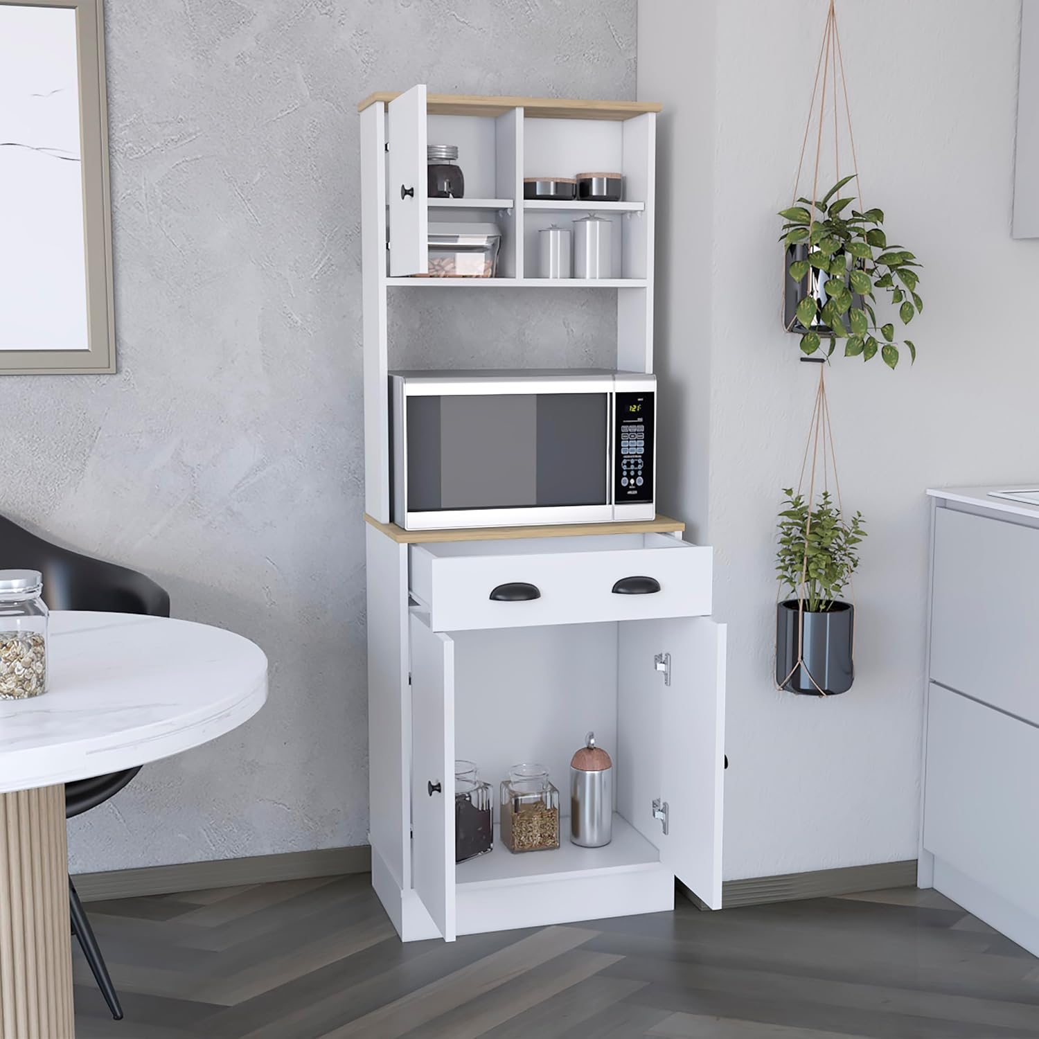 Kitchen Pantry 67" H, Two Cabinets, Three Doors, Two Open Shelves, One Drawer, Microwave Storage Option, White, Macadamia,23.62 * 13.78 * 66.54