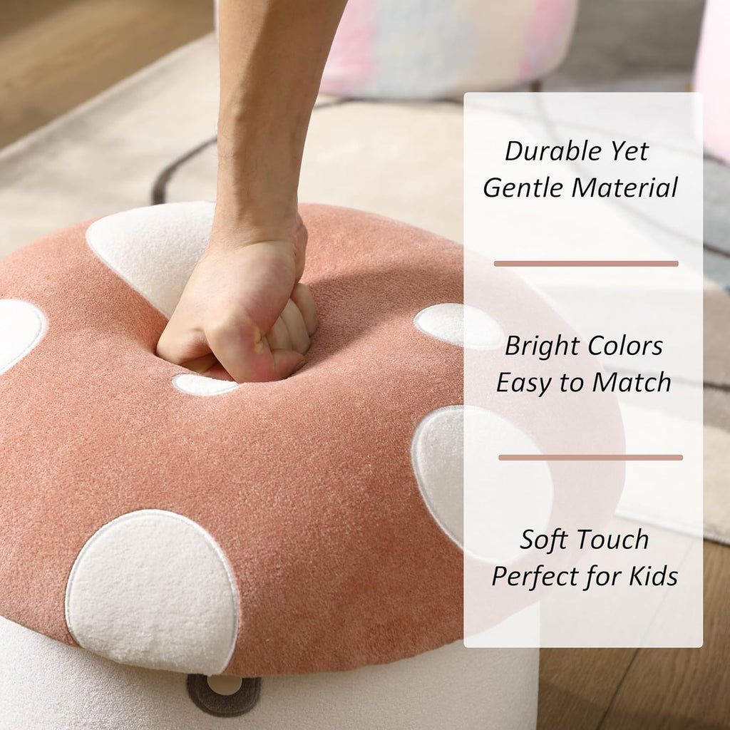 Kids Desk Chairs, Cute Mushroom Storage Ottoman, Mushroom Armchair, Children Round Storage Ottomans, Small Multi-Purpose Footstool for Playroom & Bedroom, Pink Mushroom