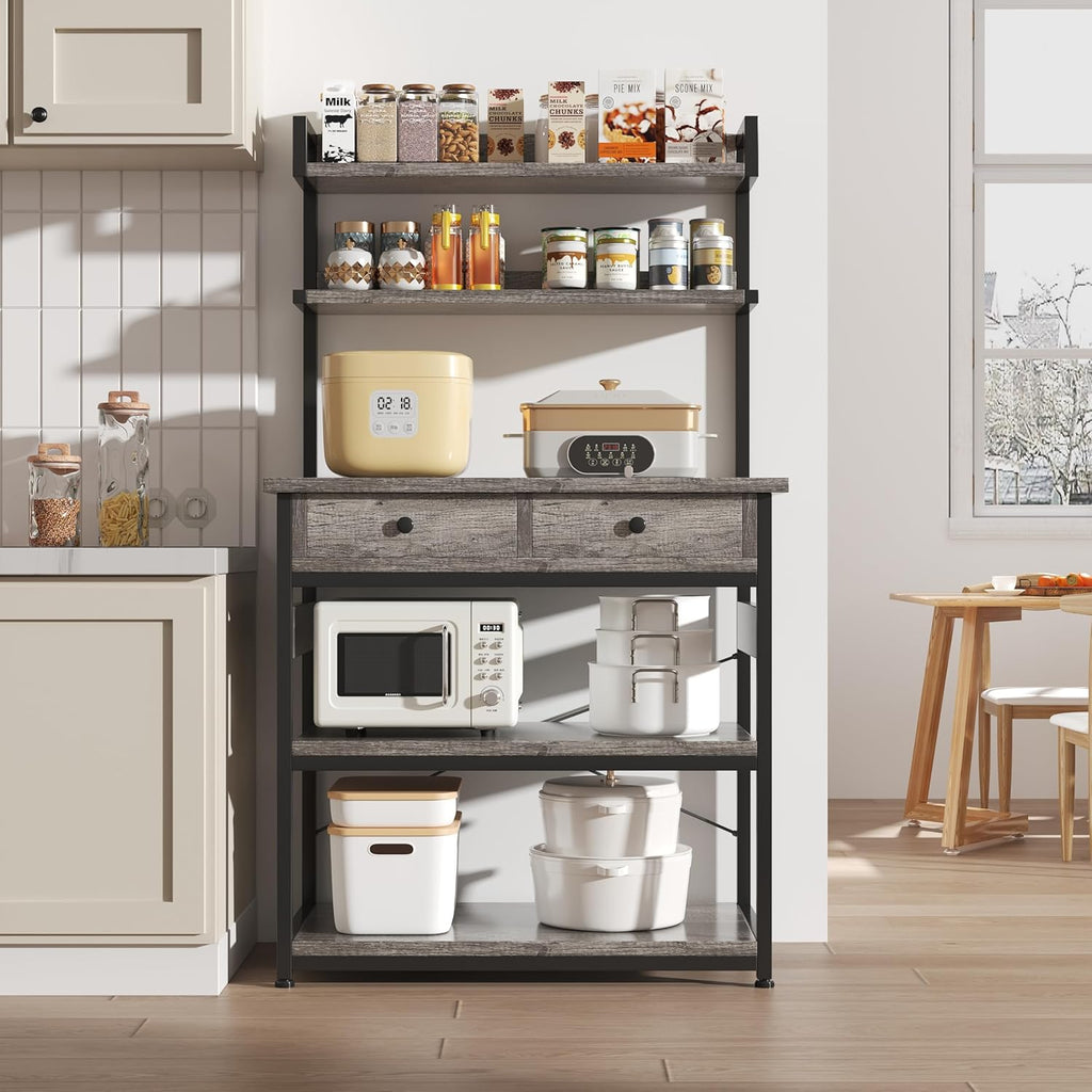 Mexin Baker's Rack with Power Outlet, 5-Tier Kitchen Storage Shelf with 2 Drawers, Industrial Microwave Stand Coffee Bar Station, 58.5" Heavy Duty Utility Rack for Spice Pots and Pans, Gray Oak