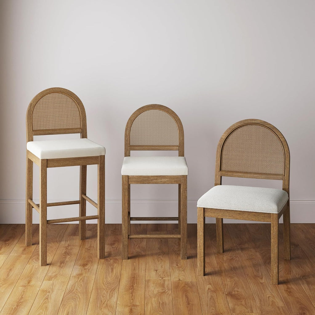 Nathan James Bailey 19 in. Boucle Dining Chair, Upholstered Side Chair with Natural Woven Rattan Back and Solid Wood Legs, Light Brown
