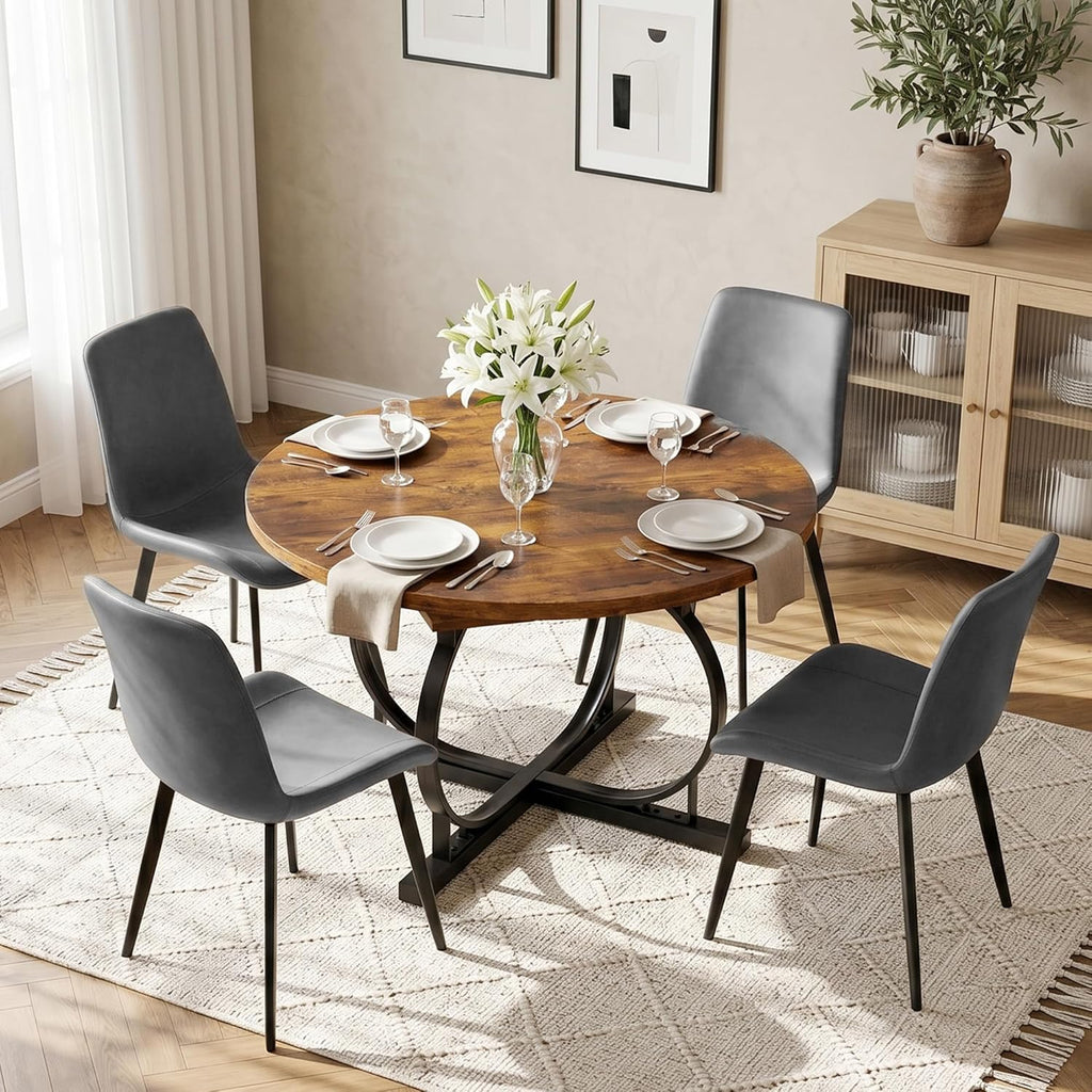 HIPIHOM Extendable Round Dining Table Set for 4 People, 43.3"-59" Extendable Kitchen Table with 4 Upholstered Chairs, Space Saving for Kitchen Dining Room (Vintage Brown Table+4 Grey Chairs)