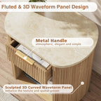 Fluted Marble Nightstand Set of 2 23.6"Large Round Bedside Table Oak,Boho