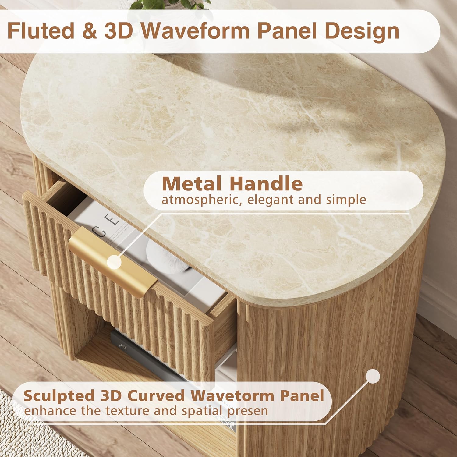 Fluted Marble Nightstand Set of 2 23.6"Large Round Bedside Table Oak,Boho