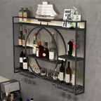 Metal Wine Rack Wall Mounted with LED Light, 3-Tier Bar Liquor Shelf with Wine Glass Holder, Modern Large Capacity Liquor Bottle Display Storage Shelf for Home Bar, Dining Room (Black, 100*80*15)