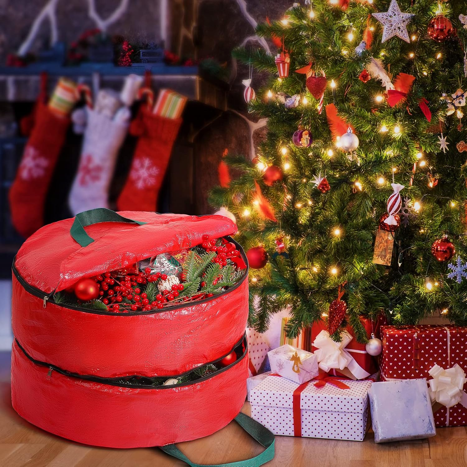 Shappy Double Layer Wreath Storage Container Bag Wreath Storage Pure Color Seasonal Garland Holiday Christmas Container Festive Box with Dual Zippers and Handles for Xmas(30 Inch,Red)