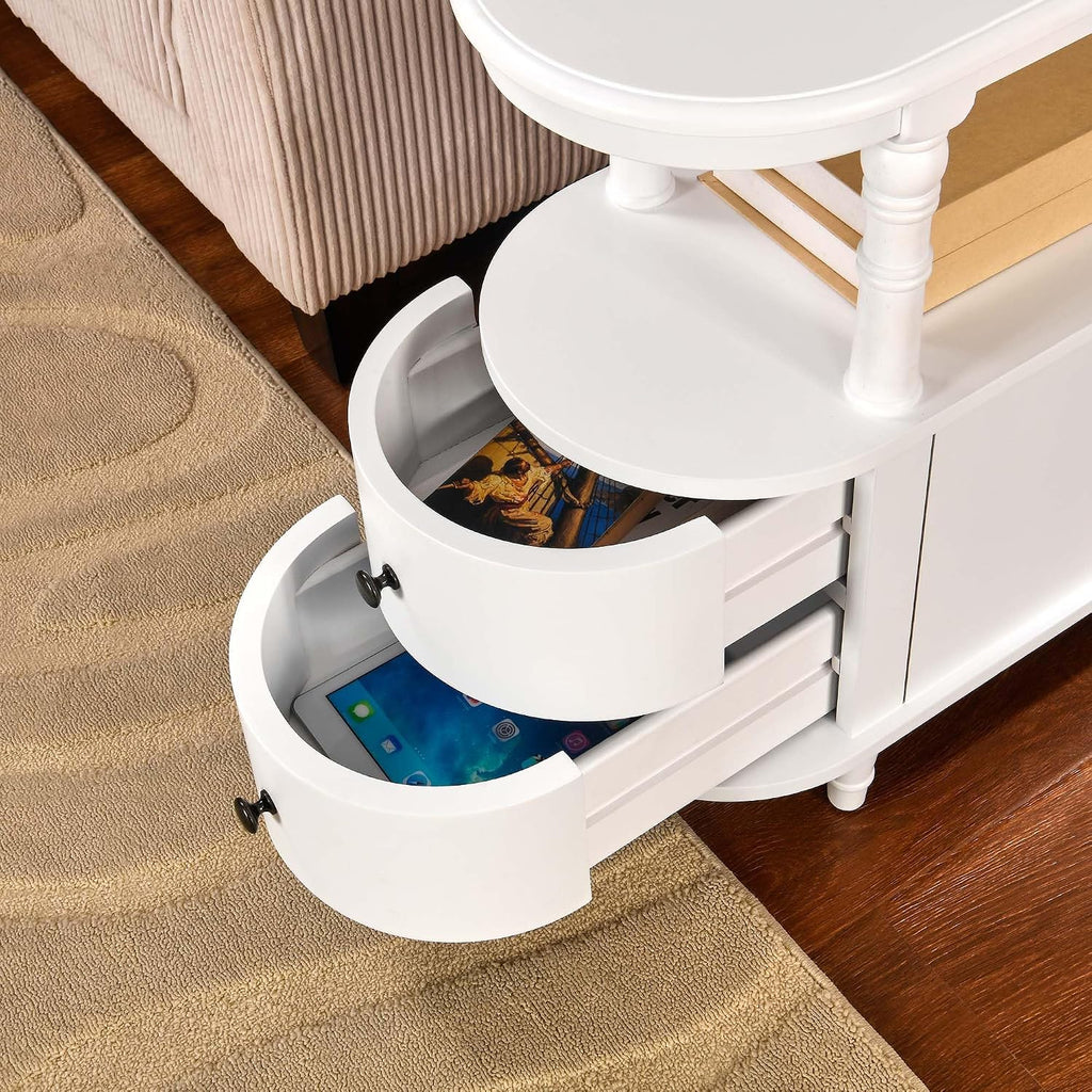 Narrow End Side Table with 2 Storage Drawers and Open Shelf, Retro Vintage Slim Sofa Beside Table, Solid Wood 11.4"W Telephone Table for Living Room, Small Corner, No-Tools Assembly White BG-A508-WT
