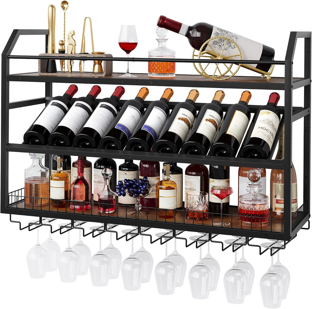 Hoctieon Wall Mounted Wine Rack, 31.5" Wall Wine Rack for Display and Storage, Hanging Bottle Holder, for Living Room, Dining Room, Bar, Wine Cellar, Rustic Brown