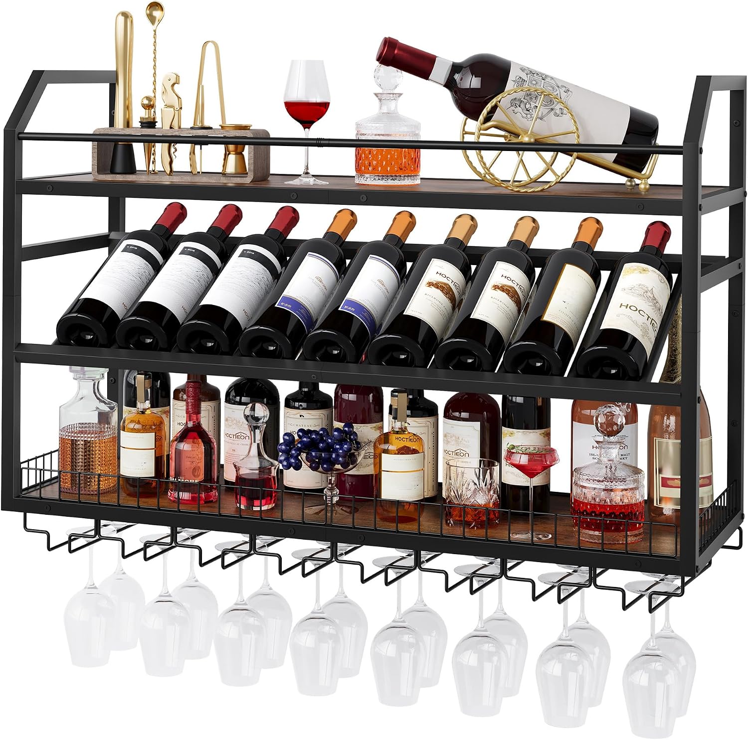 Hoctieon Wall Mounted Wine Rack, 31.5" Wall Wine Rack for Display and Storage, Hanging Bottle Holder, for Living Room, Dining Room, Bar, Wine Cellar, Rustic Brown