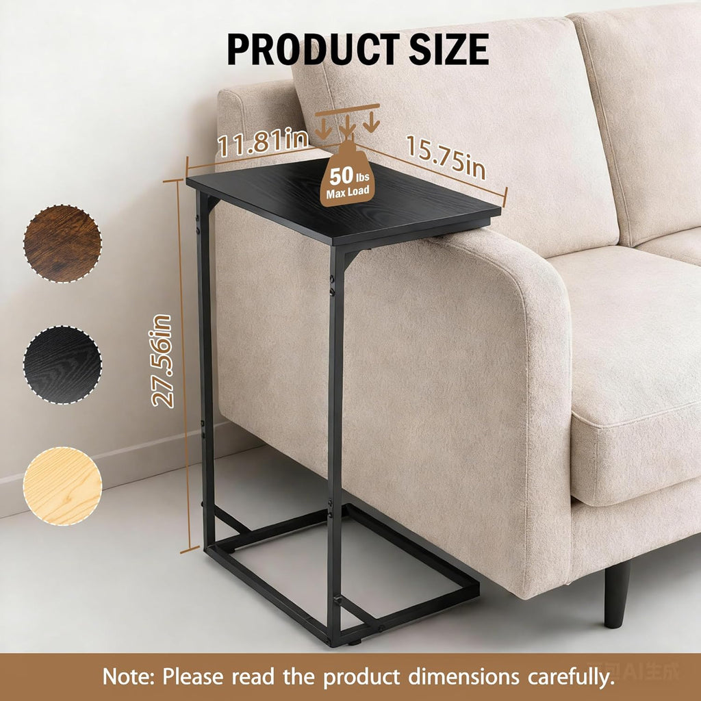 C Shaped End Table for Couch, Small Side Table for Living Room & Bedroom, Slide Under Sofa Table for Laptop, Coffee, Snacks, Easy Assembly, Modern Design