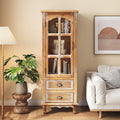 Tall Storage Cabinet with Glass Door & 2 Drawers — Vintage Wood Display Cabinet, Single Door Cabinet with Shelves, Wood Storage Cabinet for Living Room (Solid Wood Frame + MDF)