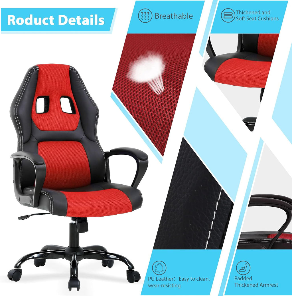 Cheap Gaming Chair Video Game Chair Ergonomic Computer Game Chair with Lumbar Support Adjustable Armrest High Back Racing Swivel Office Chair PU Leathe for Adults Kids Red