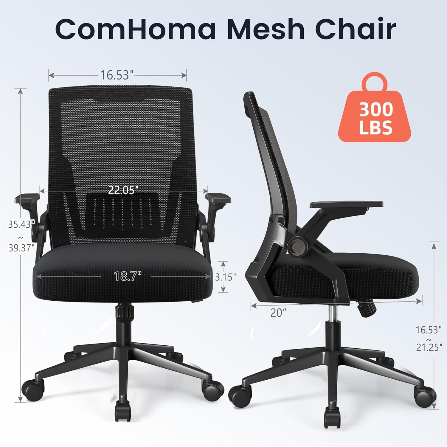 COMHOMA Office Chair with Flip-up Armrests Ergonomic Computer Desk Chair with Adaptive Lumbar Support & Breathable Mesh, Black