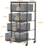 4-Tier Fruit Vegetable Storage Cart - Kitchen Organizer and Storage Cart with Wheels, Wooden Top Metal Wire Fruit Vegetable Rack Stand with Drawers to Storage Cans Snacks for Kitchen(Patent Pending)