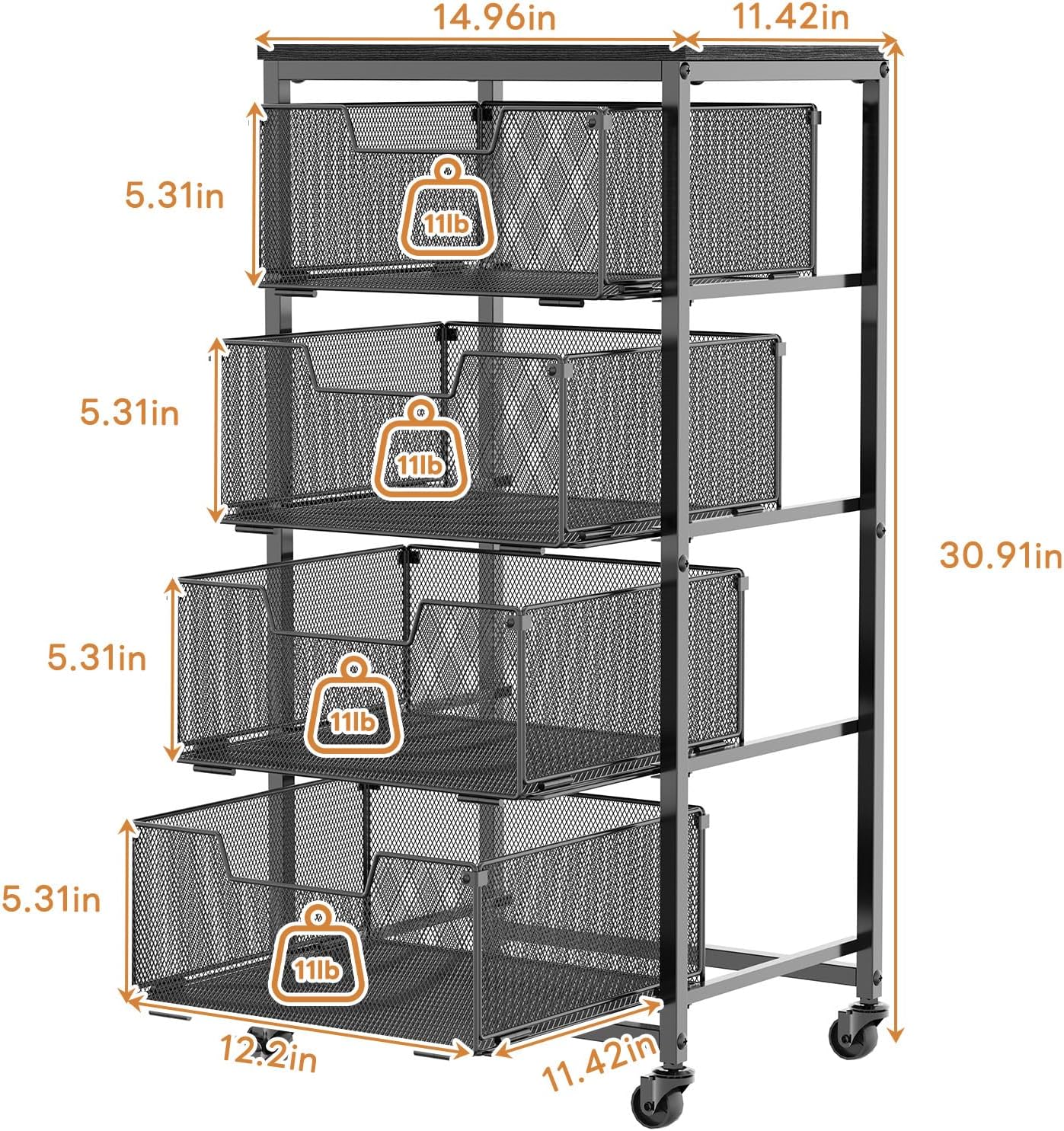 4-Tier Fruit Vegetable Storage Cart - Kitchen Organizer and Storage Cart with Wheels, Wooden Top Metal Wire Fruit Vegetable Rack Stand with Drawers to Storage Cans Snacks for Kitchen(Patent Pending)