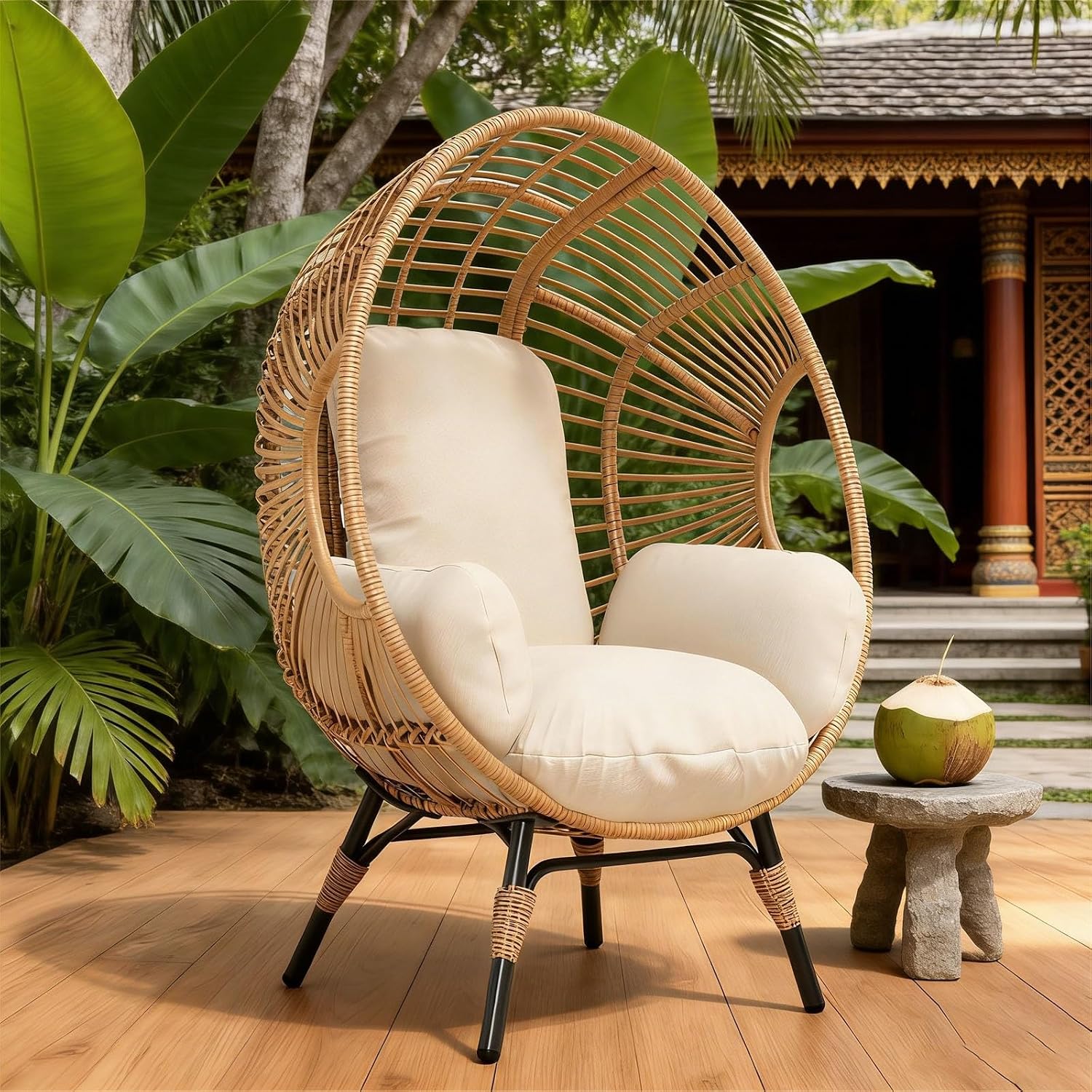 Wicker Egg Chair Outdoor Indoor, 400lbs Capacity, 8-Inch Plush Cushion, Removable Cover Balcony Chairs(Natural)
