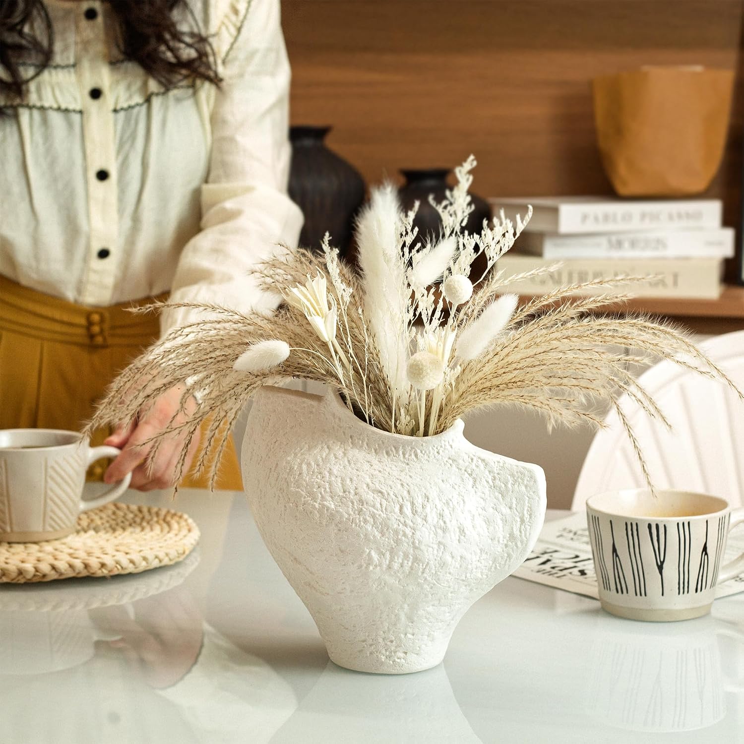 White Ceramic Vase, Modern Farmhouse Style for Table, Kitchen, Bookshelf, Entryway, Counter, Vanity Decor, Stone Textured Small Artistic Handmade Vase for Pampas Grass, Flowers