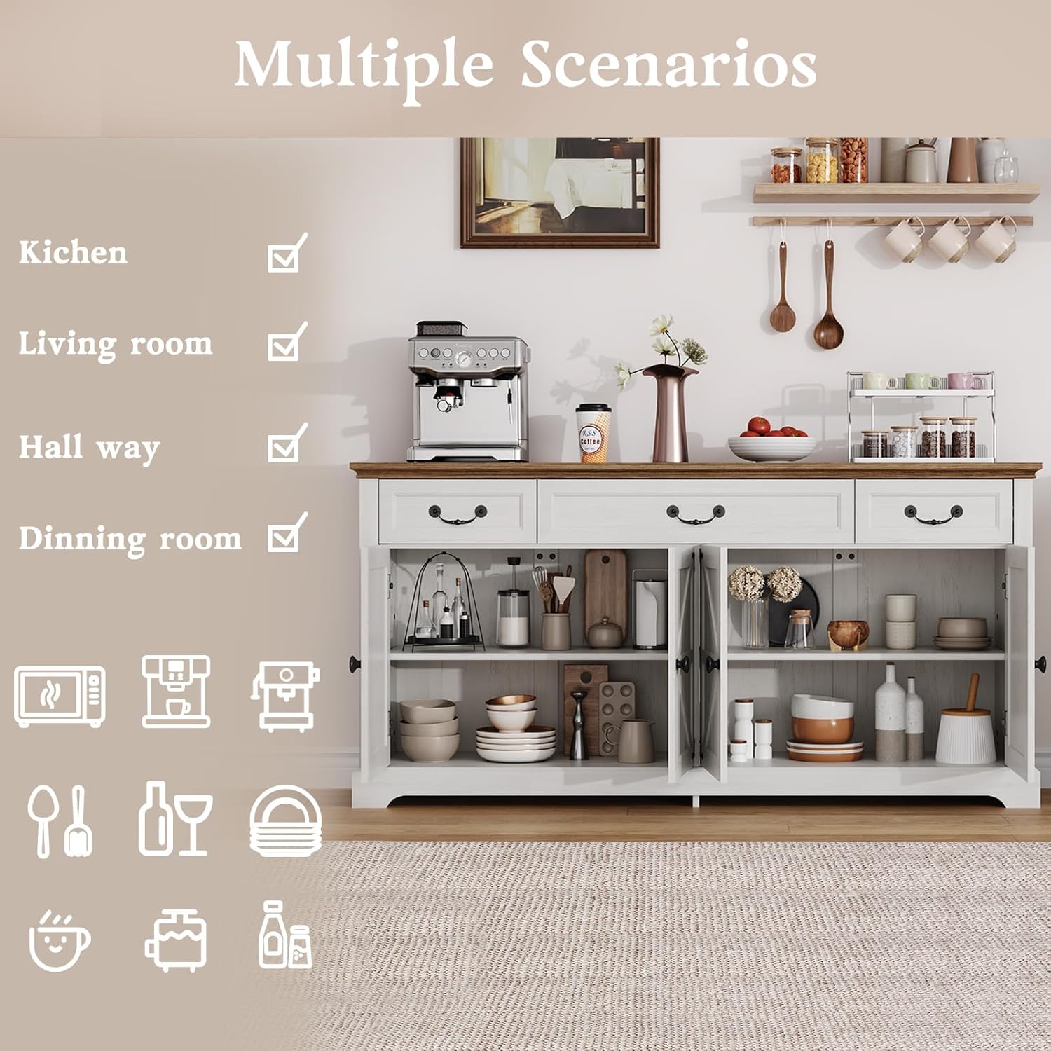 Sunny Heart 65" Large Buffet Storage Cabinet, Farmhouse Kitchen Sideboard with 3 Drawers and 4 Doors, Coffee Bar Wine Bar Cabinet with Storage for Living Room, White