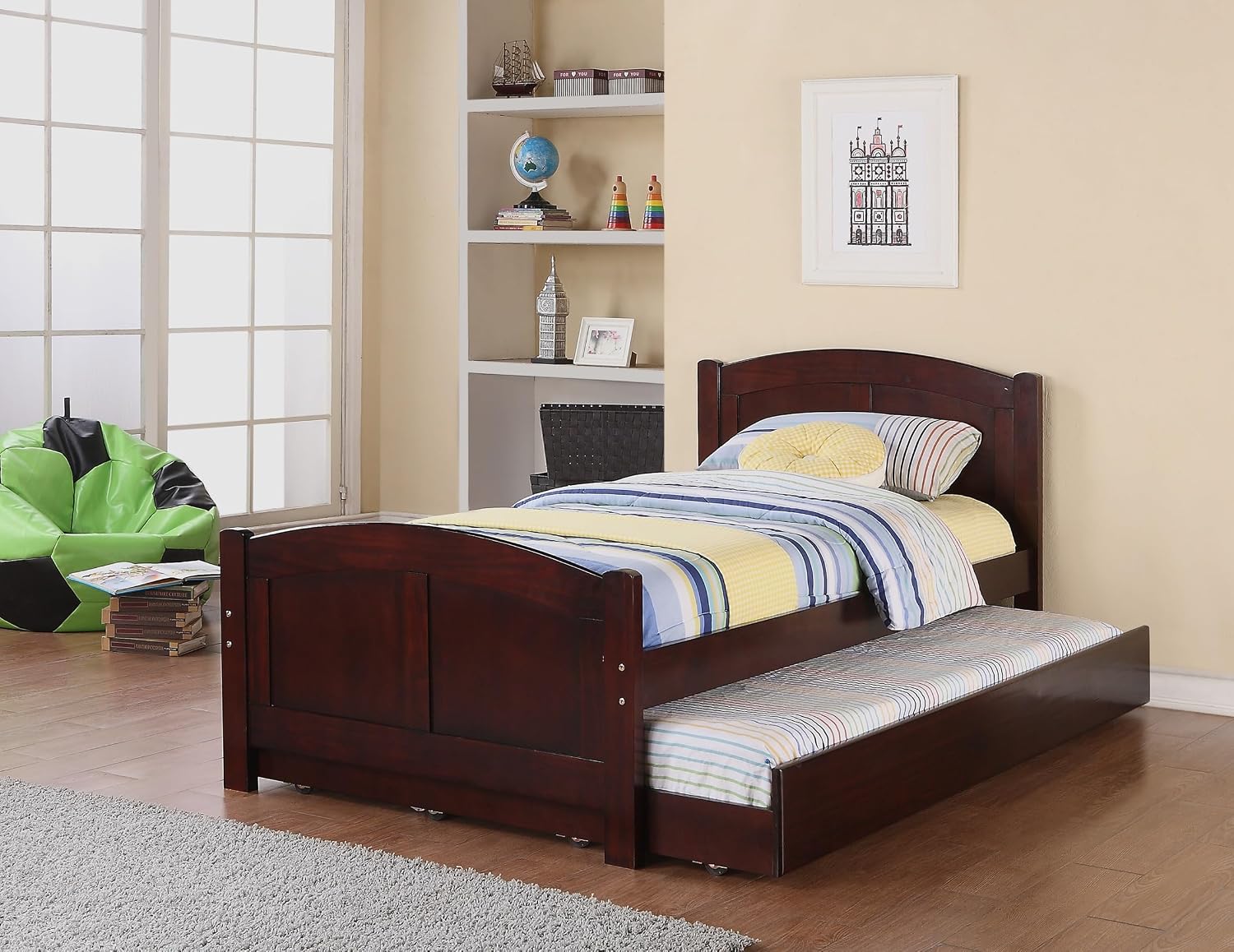 Twin Size Bed w, Trundle Slats Dark Cherry Pine Plywood Youth Bedroom Furniture