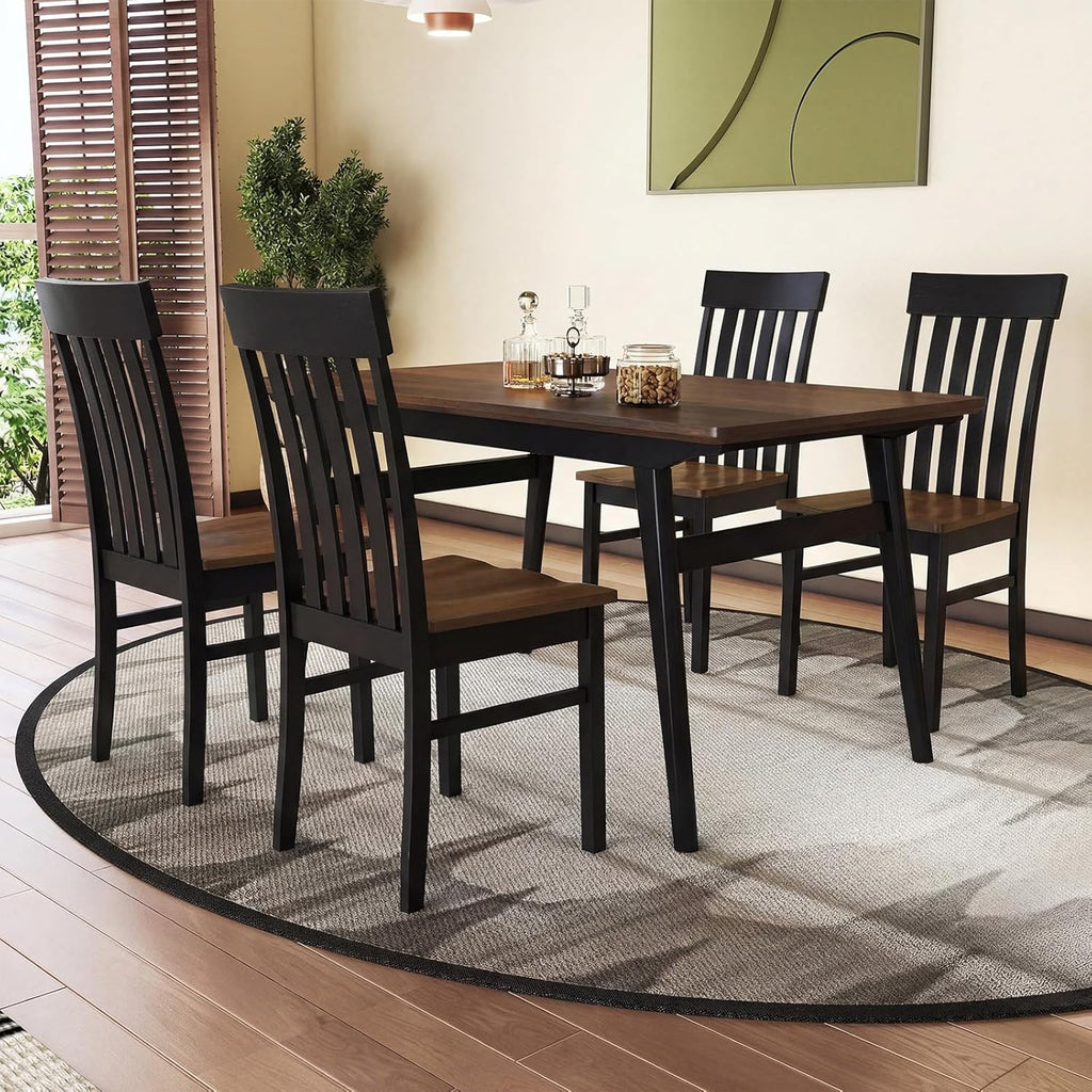 Giantex Wooden Dining Chairs Set of 4, Farmhouse Kitchen Chair with Hollowed Backrests & Rubber Wood Seats, Rustic Wood Side Chairs for Home Living Room Restaurant, Black+Walnut