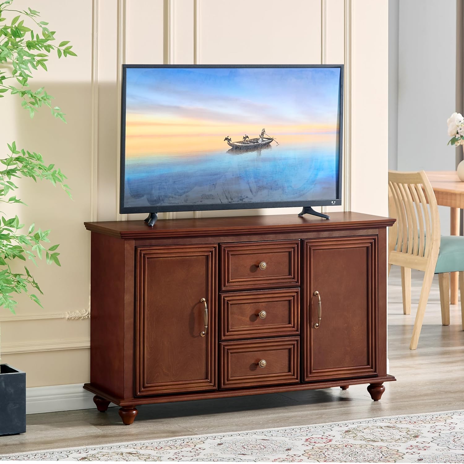 LKTART 47" Wood Sideboard Buffet Cabinet with Storage,Traditional Media Console with 2 Doors & 3 Drawers,Adjustable Shelves Credenza with Solid Wood Legs for Kitchen,Living Room,Walnut