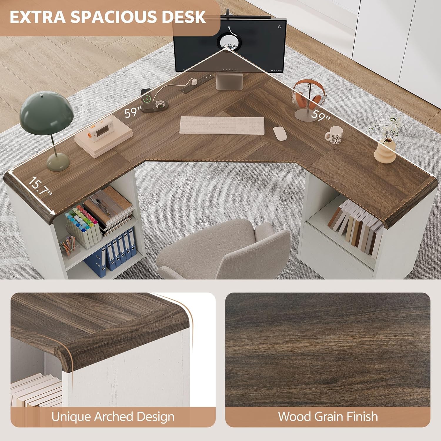 L Shaped Desk with Power Outlets & USB C Port, 59'' Reversible L-Shaped Computer Desk with File Drawer for Letter Legal Size, Corner Office Desk with Storage Shelves, Rounded Corners, White