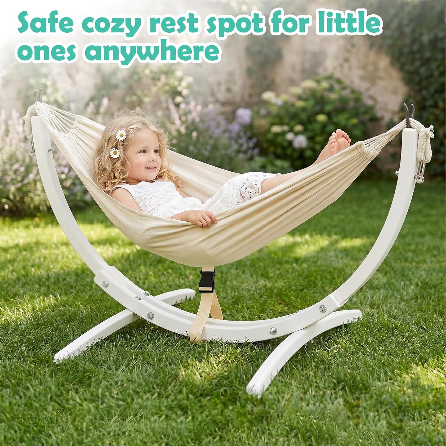 FUNLIO Wooden Hammock with Stand for Kids 3-5 Years (Height < 3.9ft/120cm), Premium Solid Wood Kids Hammock Chair Stand, Stable Structure, Wider & Longer Children Hammock, 220lbs Capacity - White