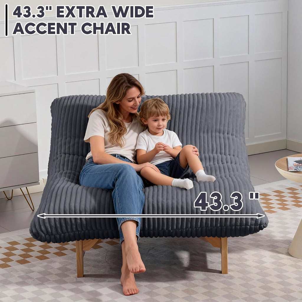Modern Accent Chair for Living Room, Comfy Corduroy Chaise Lounge with Solid Wood Base, Oversized Single Sofa Reading Armchair with Thick Padded Cushion for Bedroom Small Spaces, Dark Grey