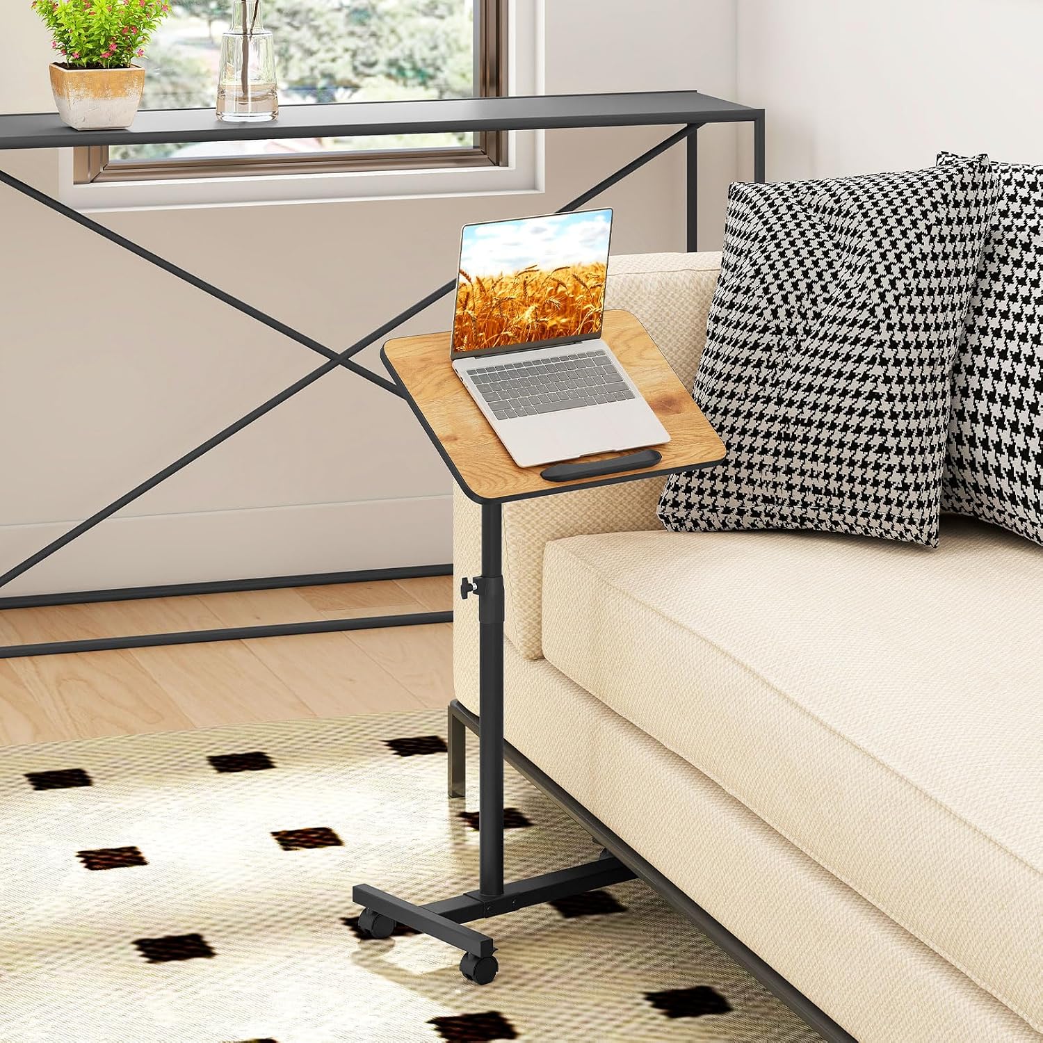 GOFLAME C-Shaped End Table Adjustable Height, Rolling Couch Sofa Side Table with 360° Tilting Top, Edge Stopper & Lockable Wheels, Modern 360° Swivel TV Tray Tables for Living Room, Bedroom (Brown)